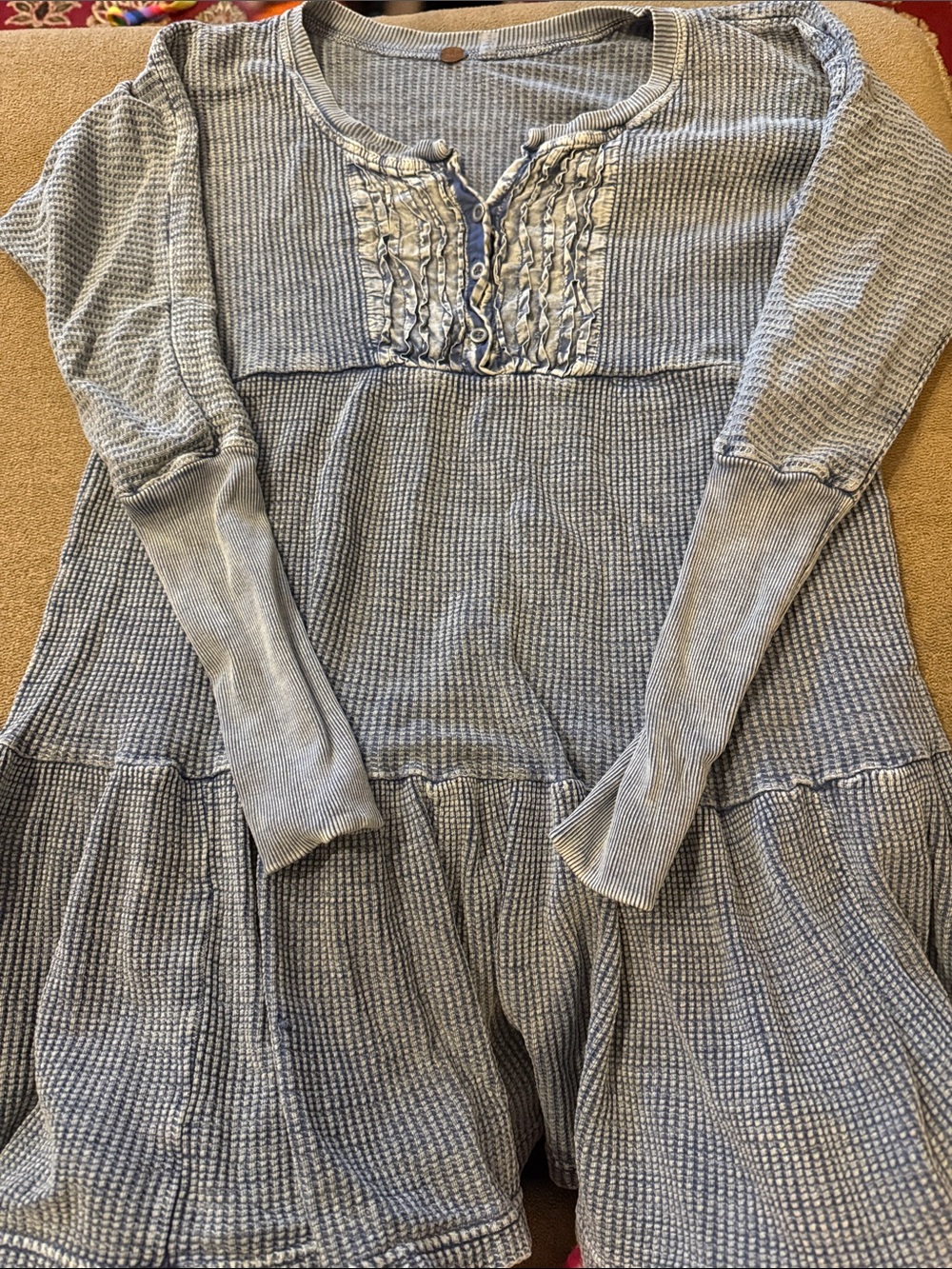 Free People FP One Thermal Dress Button Cuff Long Sleeve Pullover Blue (TD)